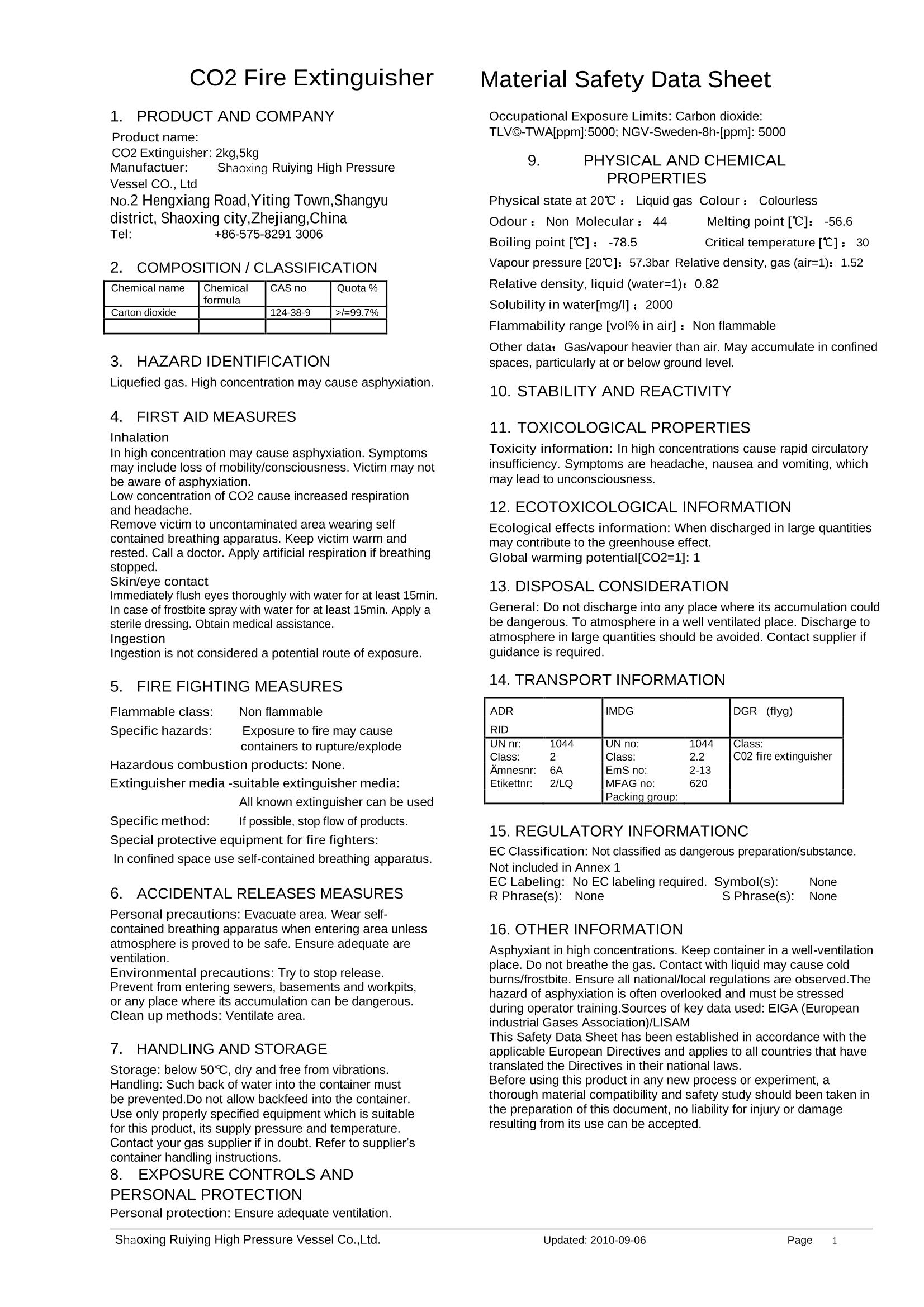 2kg&5kg-Ruiying Extincteur CO2 MSDS-2kg,5kg